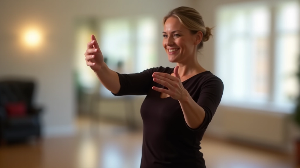 Instructor demonstrating proper salsa posture to a group of seniors in a bright dance studio during a beginner class