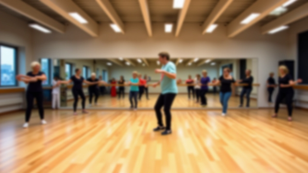 Interior of a bright dance studio with sprung flooring, full-length mirrors, and enthusiastic participants of varying ages