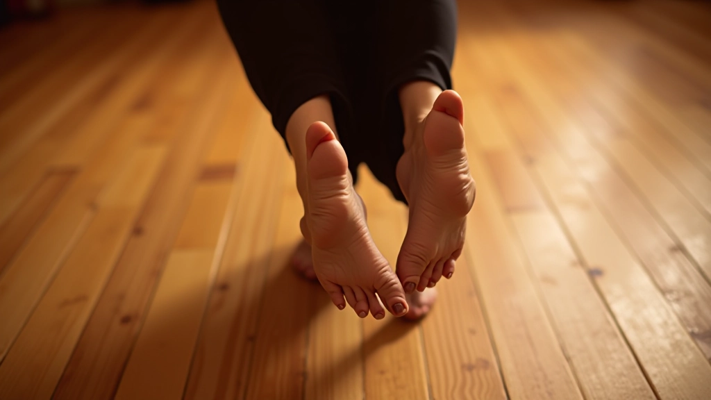 Close-up of feet performing the basic salsa step on a polished wooden dance floor, showing proper foot positioning and alignment