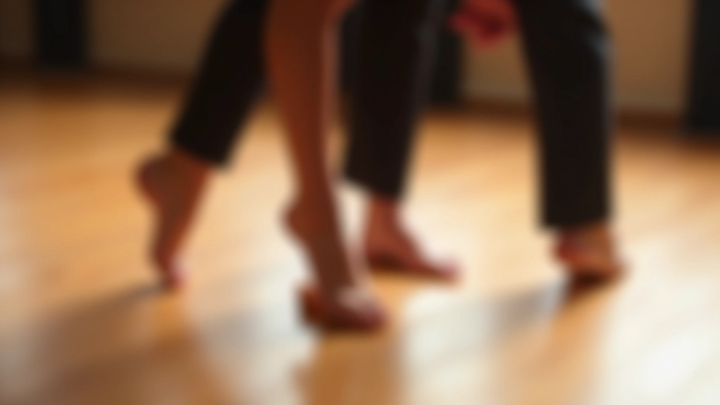 Close-up of dancers' feet showing proper salsa footwork positioning, professional studio flooring, sharp focus