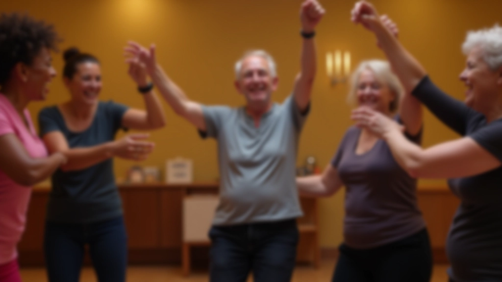 Mixed-age group of adults dancing together in a community hall with warm ambient lighting