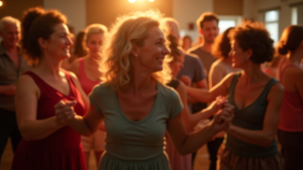 Mature adults enjoying social dancing in community setting