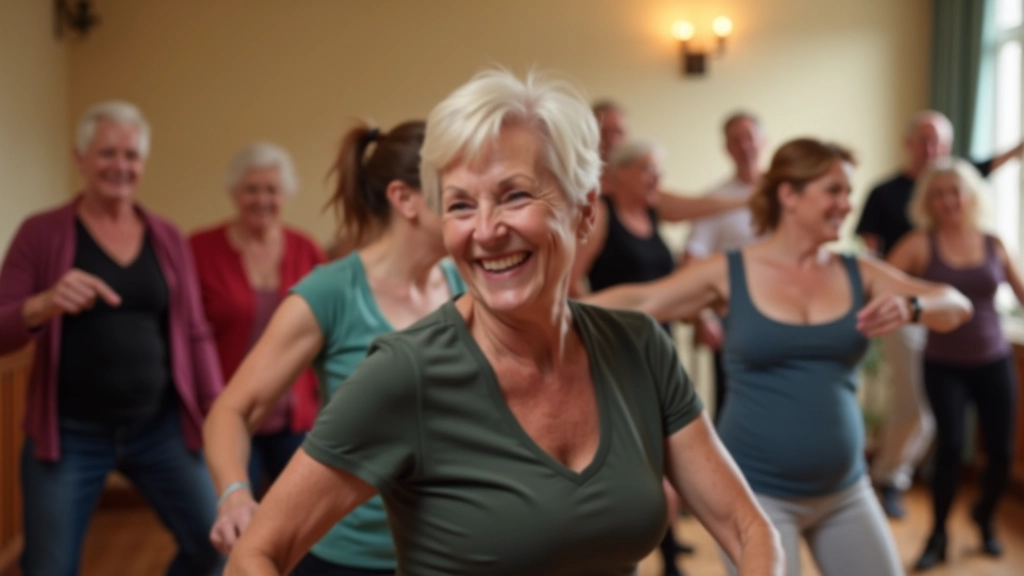 Fitness class with adults doing dance movements