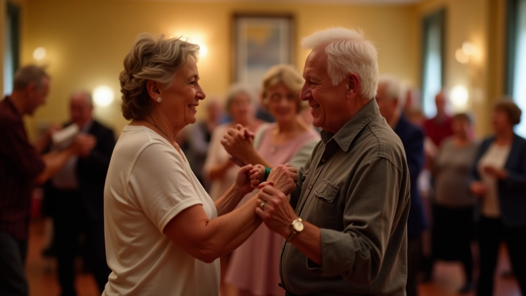 Partners dancing together at a community hall dance evening