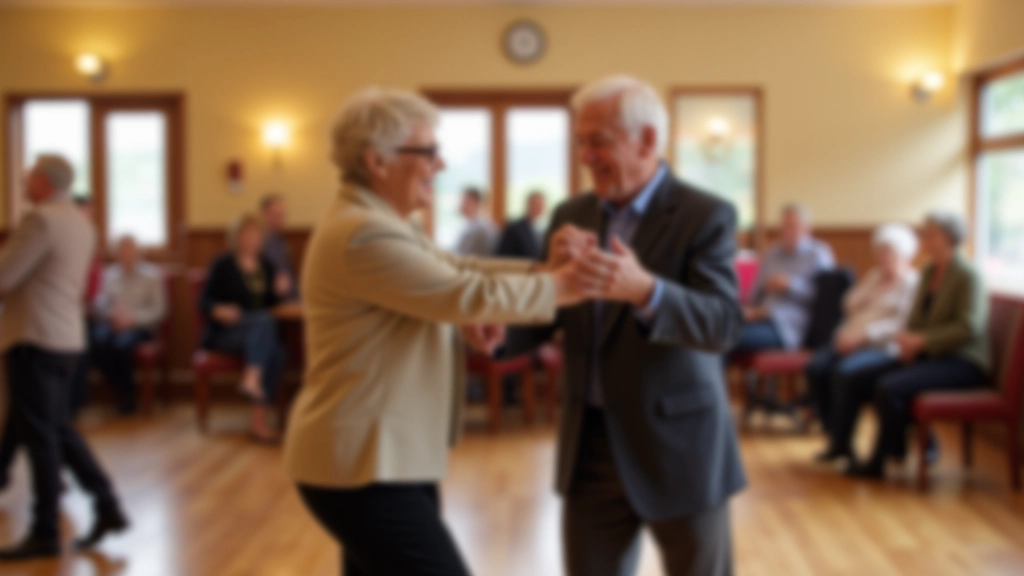 Group of mature adults in casual smart clothing dancing together in a brightly lit community hall