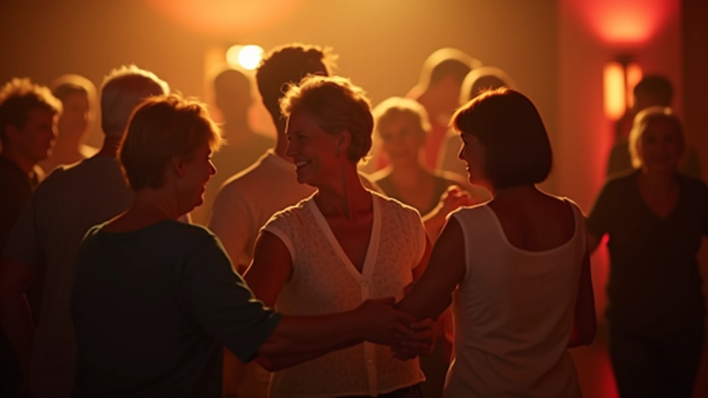 Mature adults dancing together at a community hall event