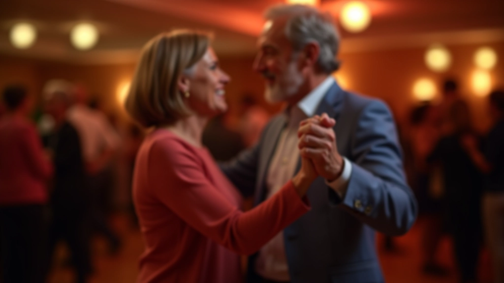 Smiling mature couple mid-salsa spin at an evening dance social event