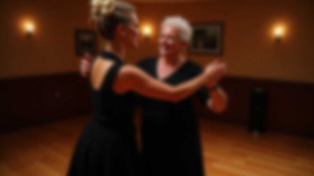 Mature female dancer in black dress being led through a turn by her partner, focused expressions showing concentration and enjoyment
