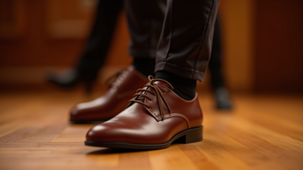Pair of leather-soled dance shoes on a wooden floor, positioned ready for salsa dancing
