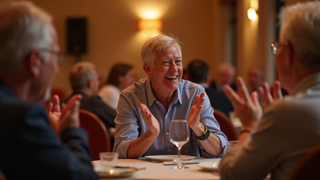 Group of smiling seniors sitting at tables around a dance floor, clapping and enjoying the music together