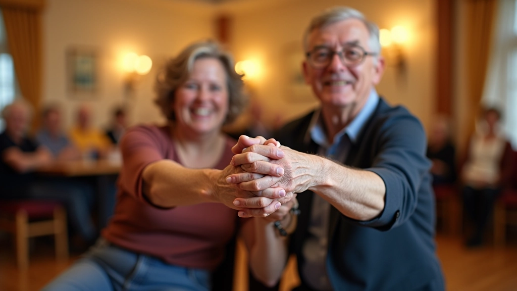 Group of seniors dancing together at a community dance event with smiles and engagement