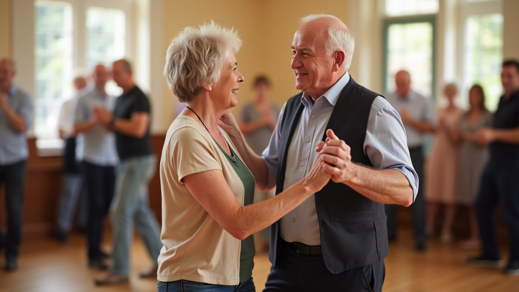 Seniors dancing together at a community dance event, smiling and enjoying themselves in a bright hall
